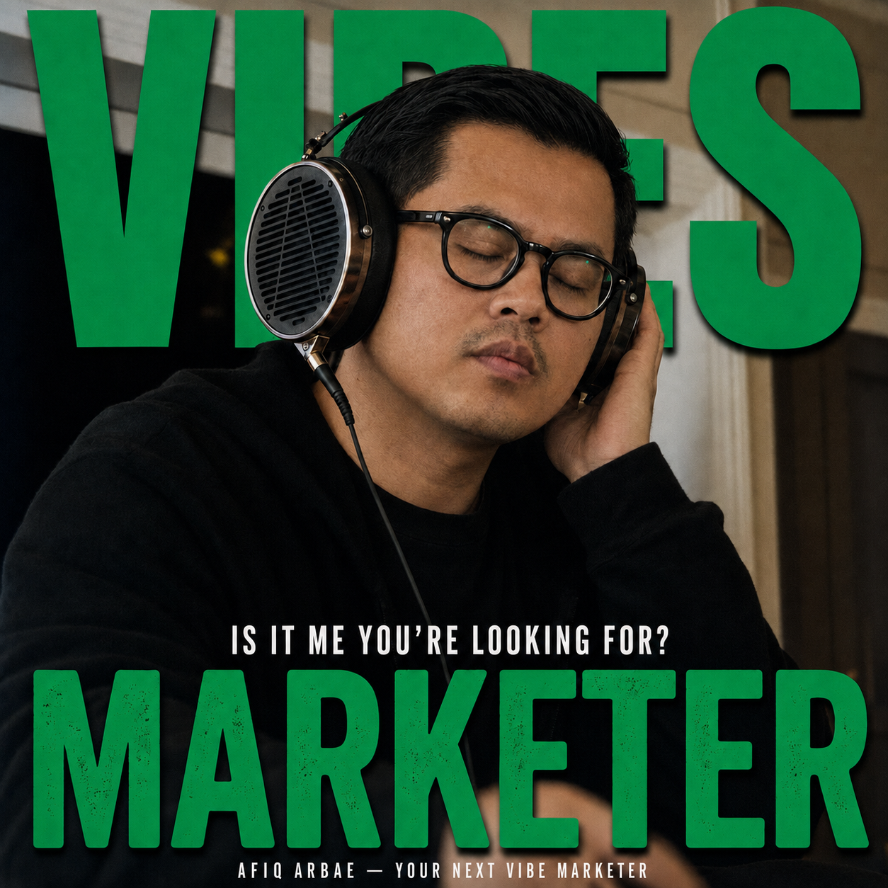 Afiq Arbae wearing headphones in a Vibe Marketer poster